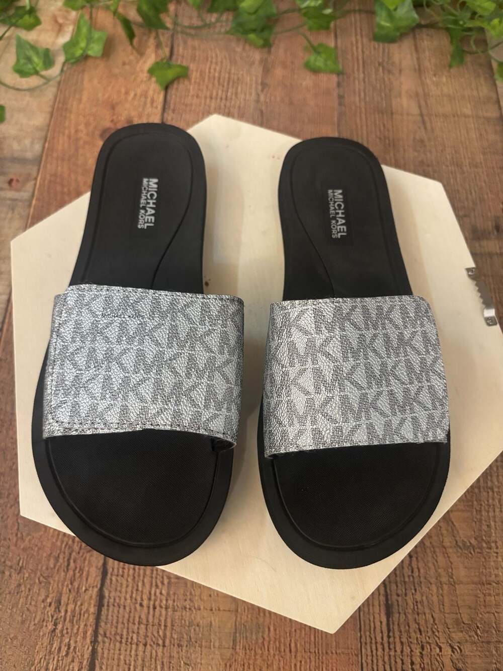Michael Kors Wade Logo Slide Sandals Black Silver